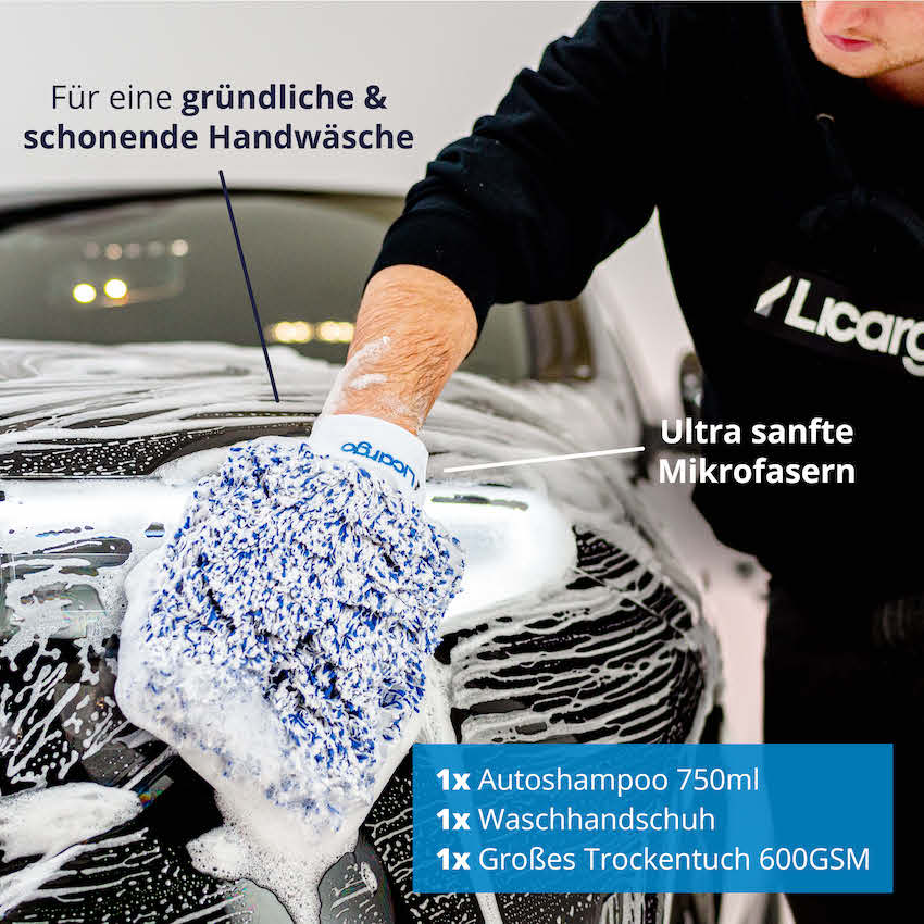 Perfekt für die SB-Waschbox=>Lieferumfang: 1x Waschhandschuh, 1x Autoshampoo 750ml, 1x Großes Trockentuch 600GSM