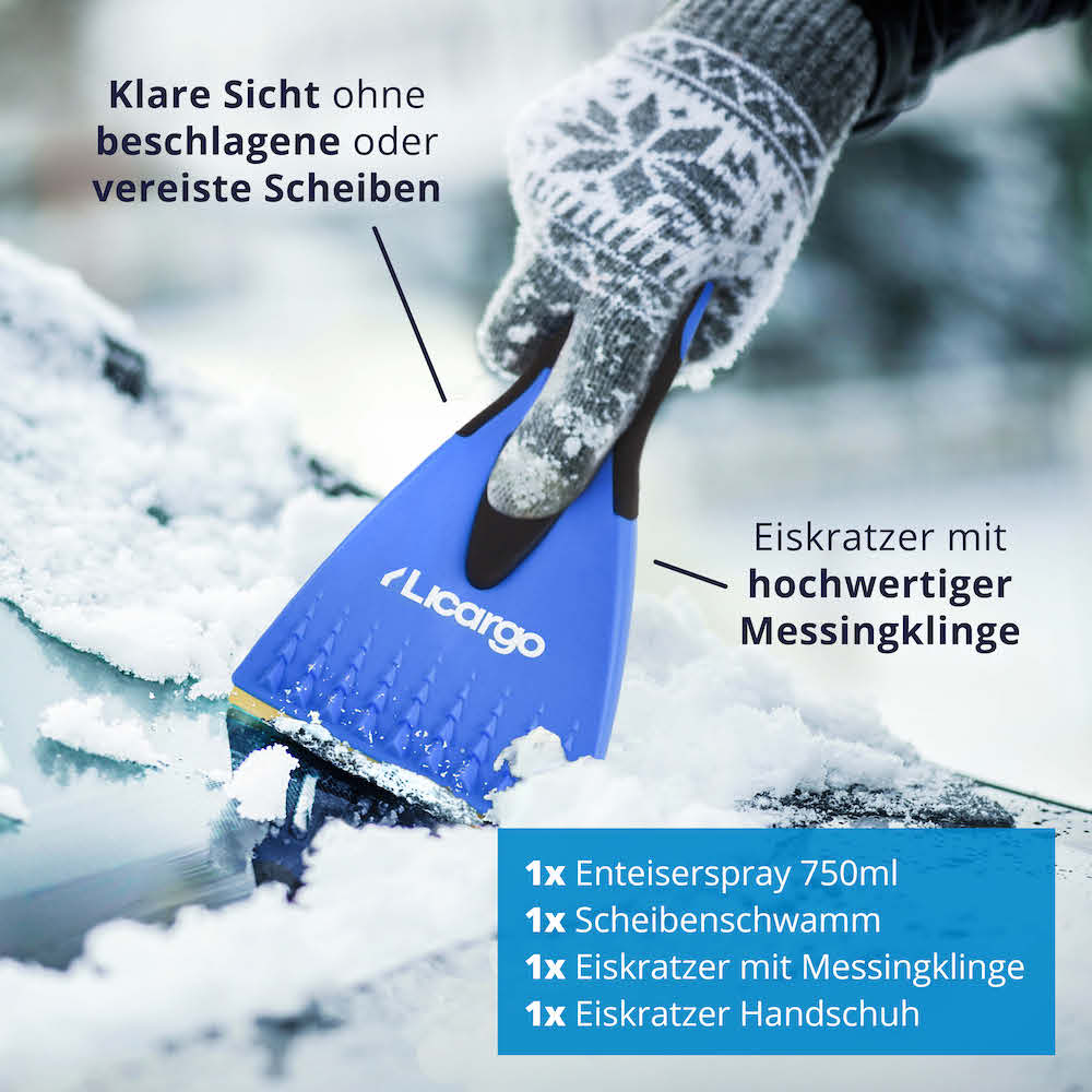 Ideale Ausstattung=>Lieferumfang: 1x Eiskratzer mit Messingklinge, 1x gefütterter Handschuh, 1x Enteiserspray - 750ml, 1x Mikrofaser Scheibenschwamm