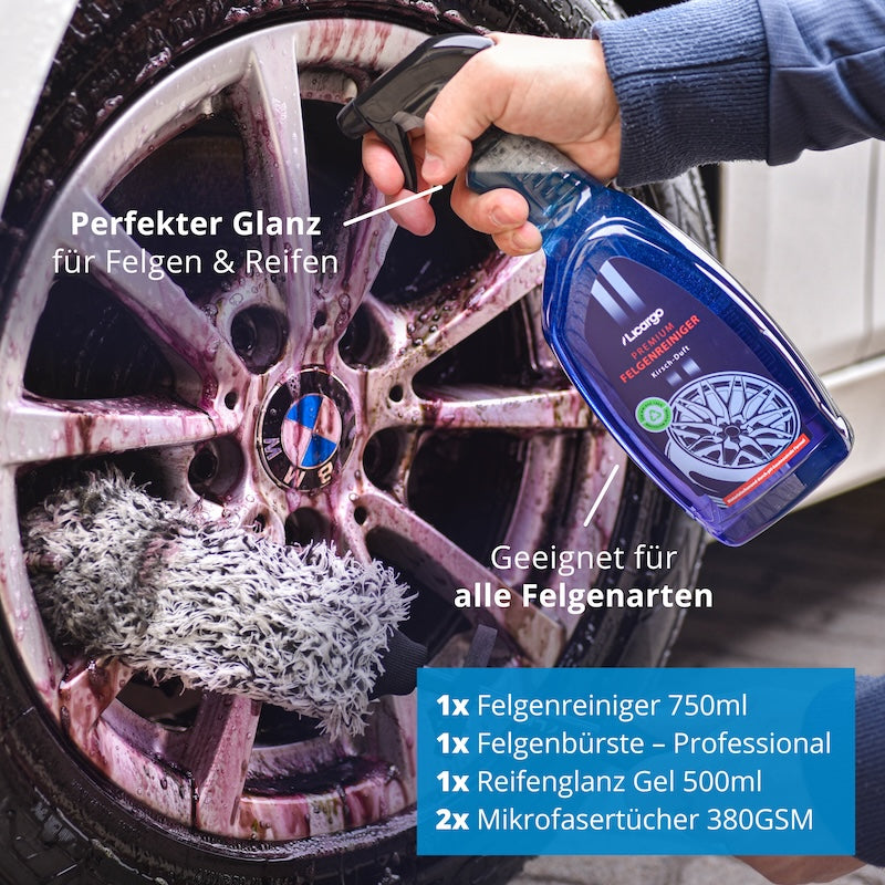 Glänzende Felgen & Reifen=>Lieferumfang: 1x Felgenreiniger 750 ml, 1x Reifenglanz Gel 500 ml, 2x Mikrofasertücher 380GSM, 1x Mikrofaser Felgenbürste – Professional