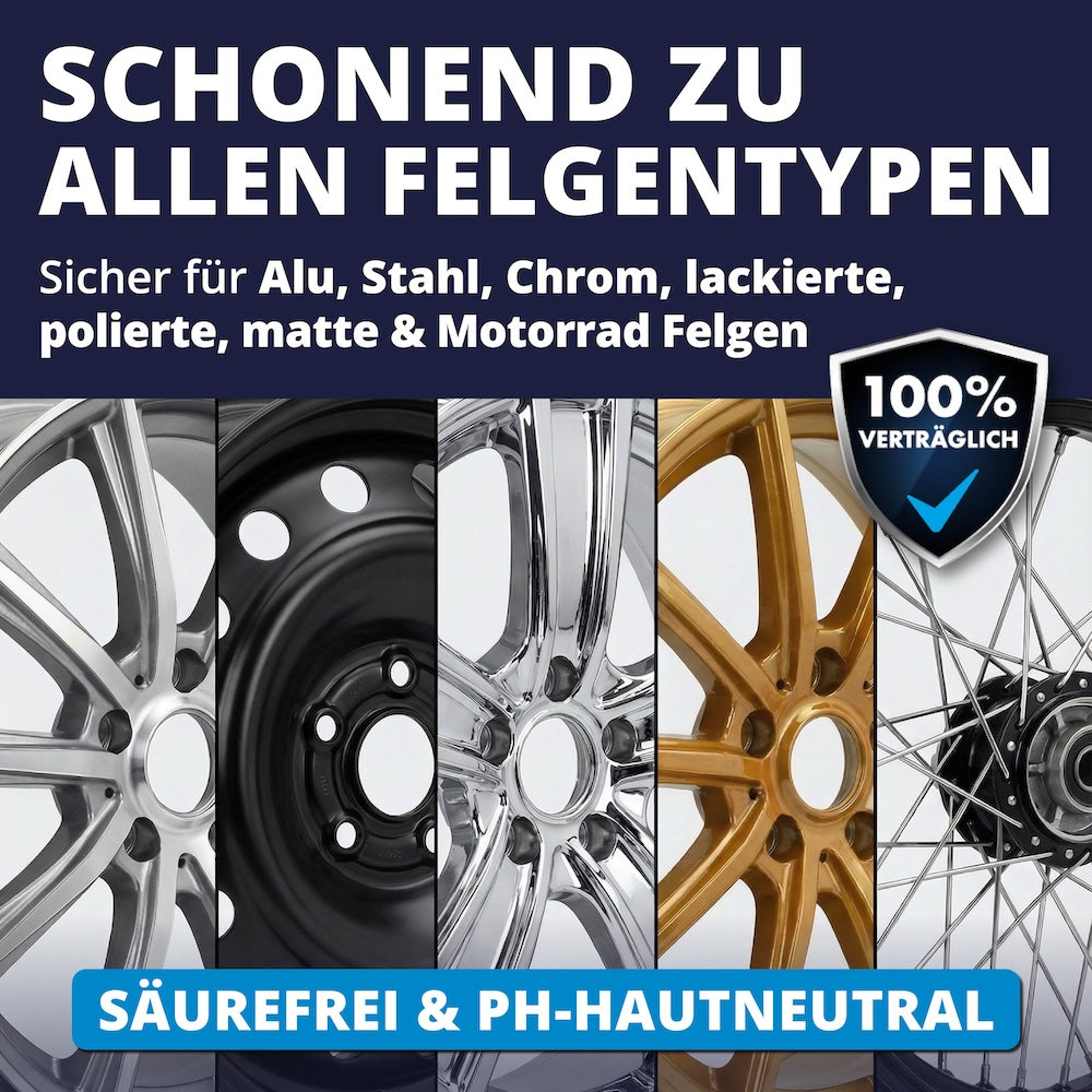 Für verschiedene Felgentypen=>Der Reiniger eignet sich für zahlreiche Felgenarten und Oberflächen. Dadurch kannst Du ihn bedenkenlos bei unterschiedlichen Fahrzeugen und Felgentypen verwenden.