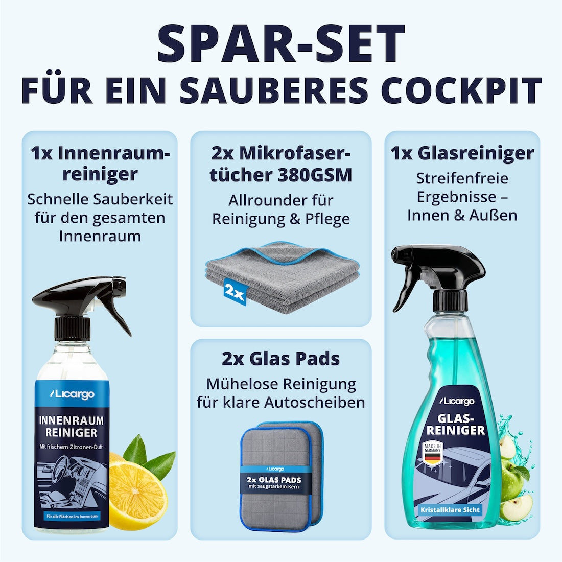 Perfekt aufeinander abgestimmt=>Die Kombination aus hochwirksamen Reinigern und kraftvollen Mikrofasern sorgt für ein makelloses Ergebnis – präzise, streifenfrei und unglaublich effektiv.