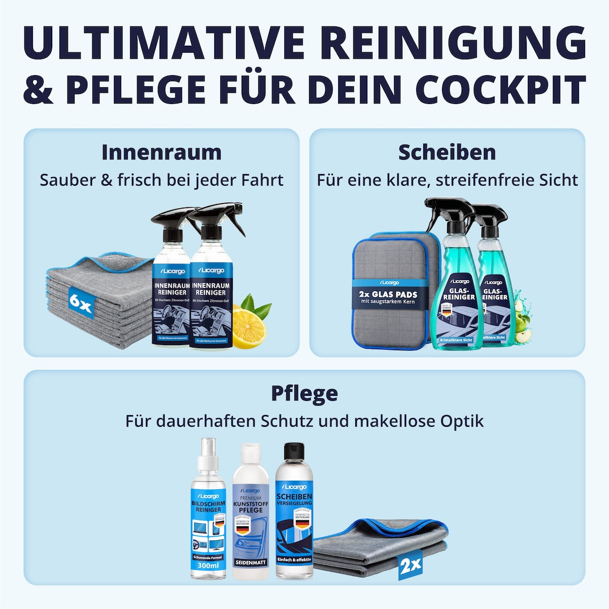 Perfekt aufeinander abgestimmt=>Die Kombination aus hochwirksamen Reinigern und kraftvollen Mikrofasern sorgt für ein makelloses Ergebnis – präzise, streifenfrei und unglaublich effektiv.