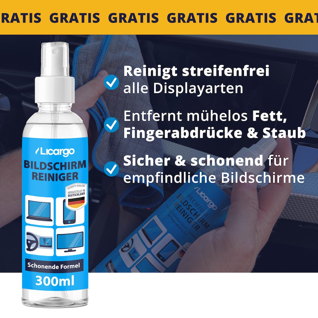 Universell einsetzbar=>Ob Navi, Handy oder TV – der Bildschirmreiniger sorgt für streifenfreie Sauberkeit, klare Sicht und eine sichere Anwendung auf allen Displays.