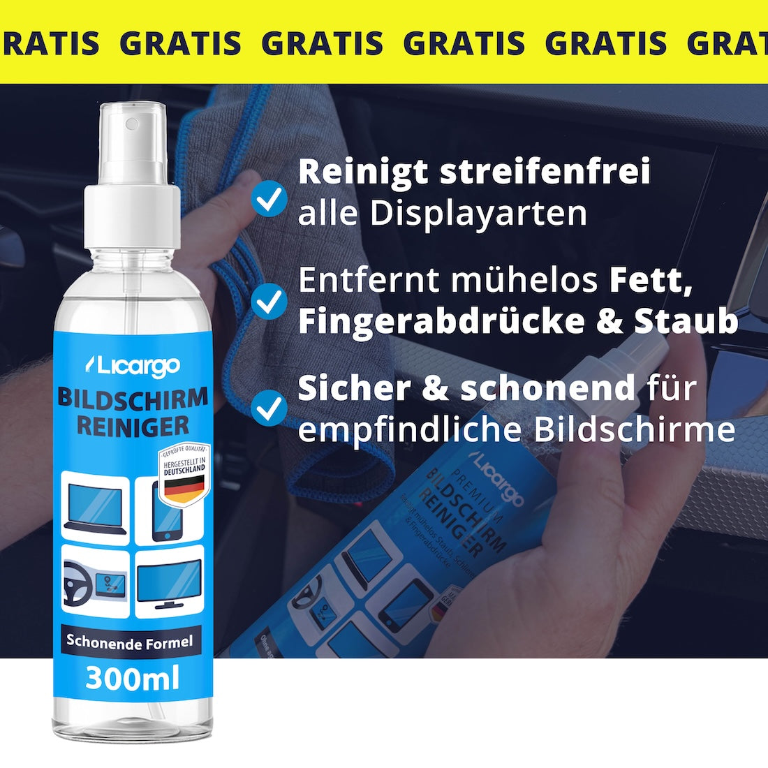 Inklusive Bonus-Produkt=>Ob Navi, Handy oder TV – der Bildschirmreiniger sorgt für streifenfreie Sauberkeit, klare Sicht und eine sichere Anwendung auf allen Displays.