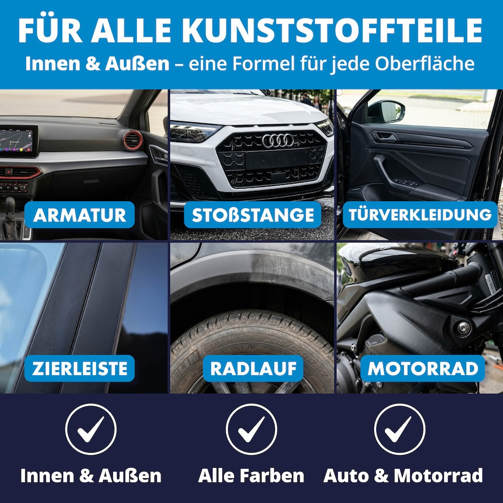 Universell einsetzbar=>Eine Lösung für alle Kunststoffoberflächen – ob Armatur, Stoßstange, Radlauf oder Motorradverkleidung. Innen wie außen perfekt geschützt.