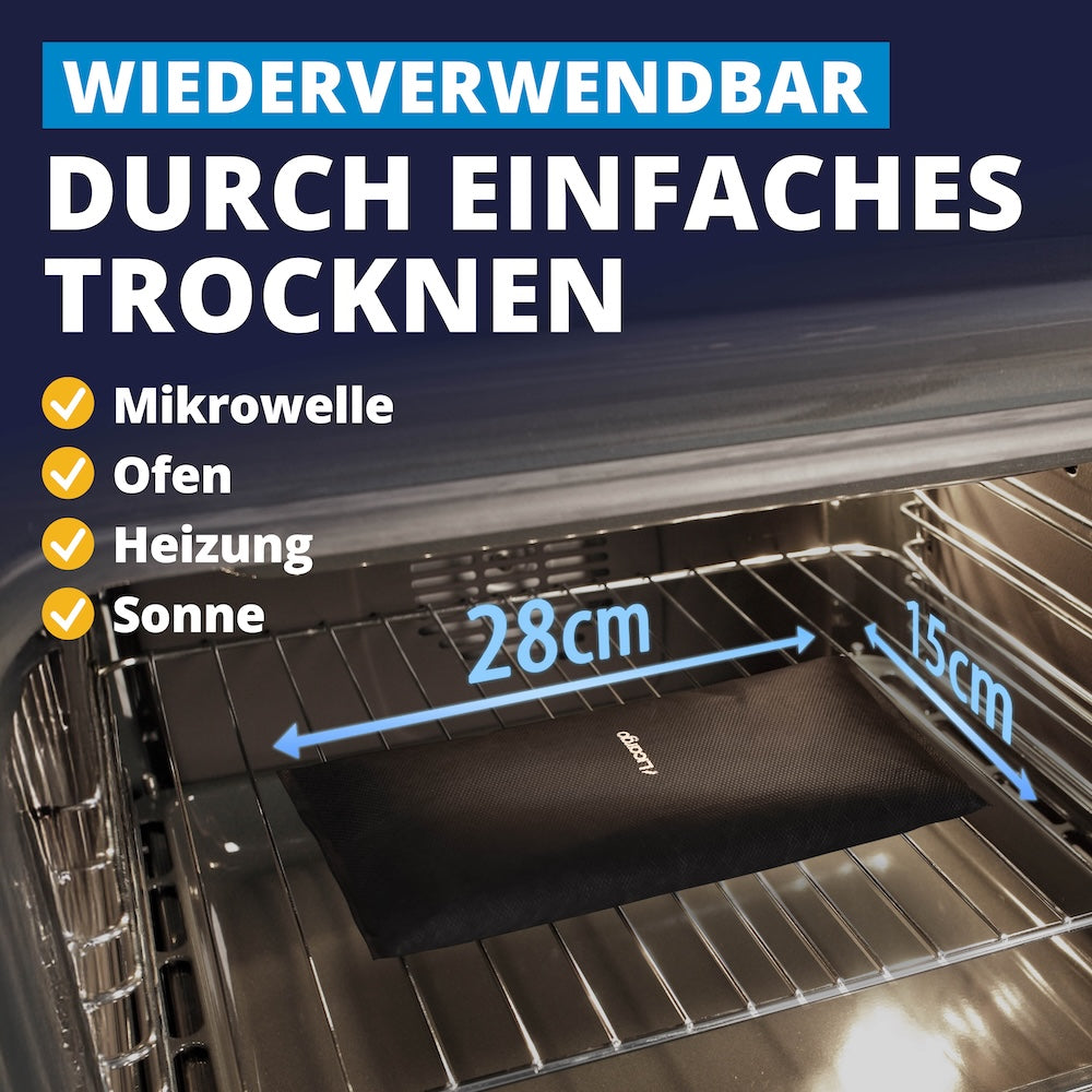 Maximale Langlebigkeit=>Einmal gekauft, immer im Einsatz. Der Luftentfeuchter regeneriert sich durch einfaches Trocknen in Mikrowelle, Heizung oder Sonne – effizient, langlebig und unfassbar praktisch.