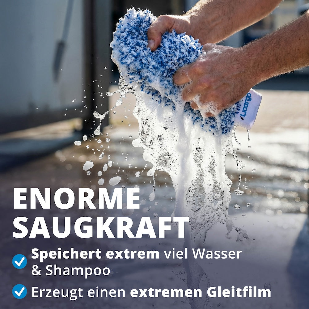Mehr Wasser, weniger Nachladen=>Der Waschhandschuh speichert große Mengen Wasser und Reinigungsmittel für lange Waschintervalle. Das sorgt für gleichmäßige Benetzung und eine besonders gleitfreudige Reinigung.