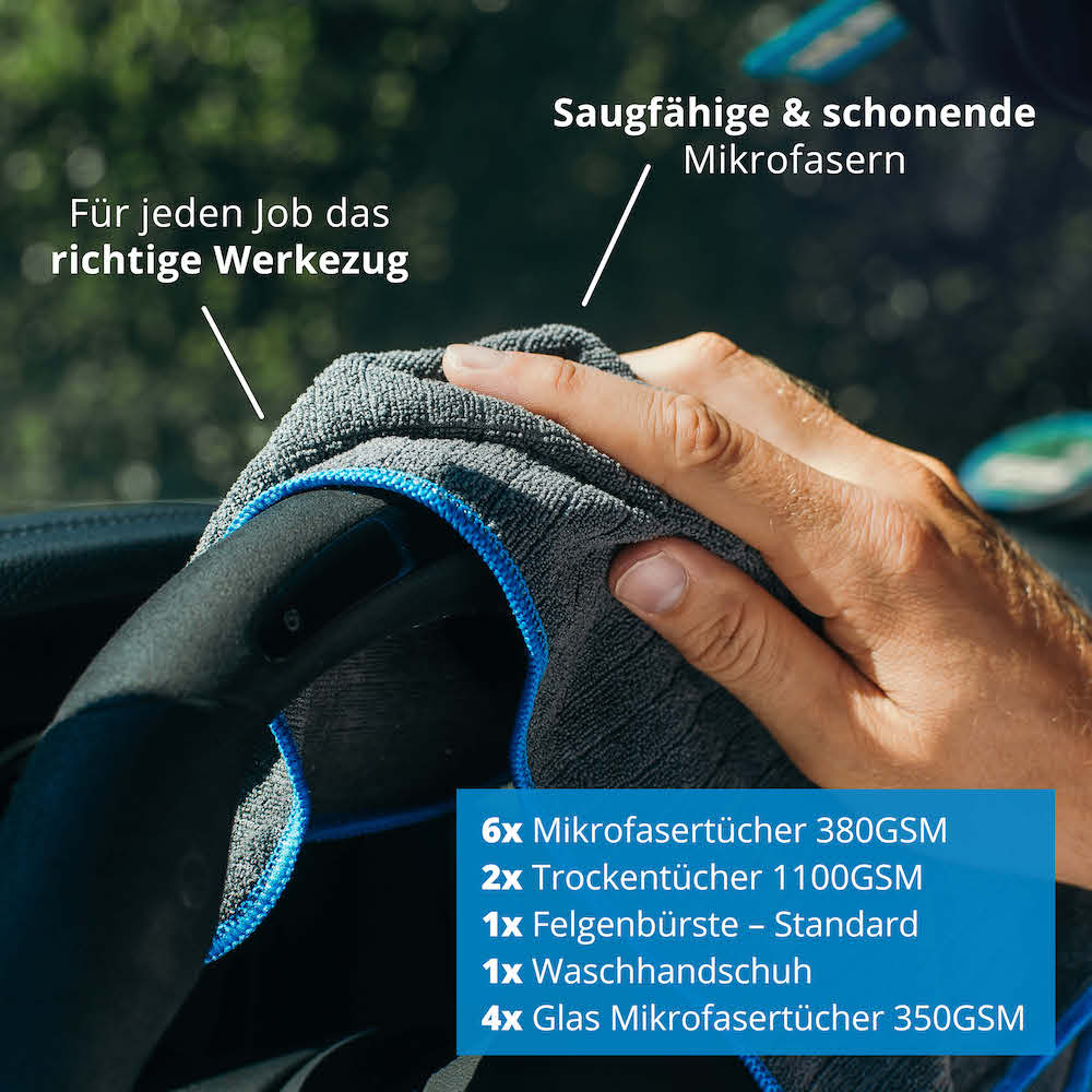 Alles für die Autowäsche=>Lieferumfang: 2x Trockentücher 1100GSM, 4x Glas Mikrofasertücher 350GSM,  1x Waschhandschuh, 1x Felgenbürste – Standard, 6x Mikrofasertücher 380GSM