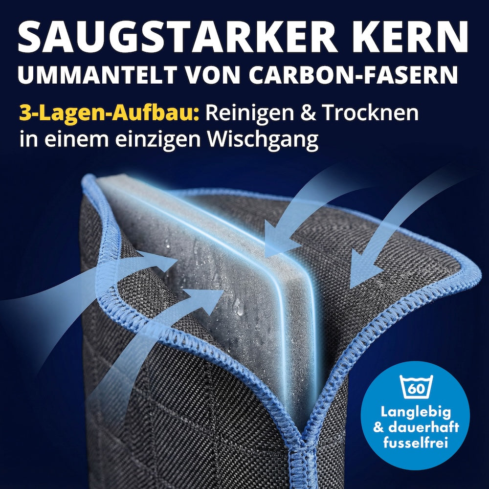 Pads mit Carbon-Kraft=>Smartes Design trifft auf maximale Reinigungskraft: Die hochwertigen Glas-Pads liegen perfekt in der Hand, nehmen Flüssigkeit zuverlässig auf und reinigen dank Carbonfasern gründlich, sanft und kratzerfrei.