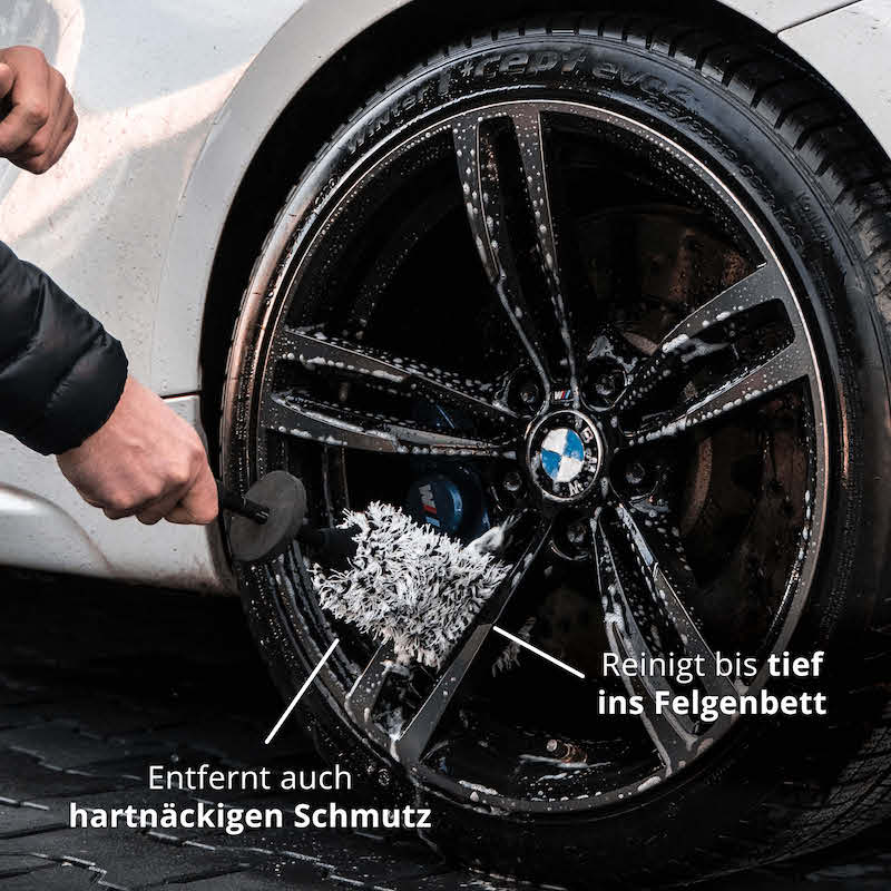 Strahlend saubere Felgen=>Unsere Mikrofaser Felgenbürste entfernt selbst hartnäckigen Schmutz und reinigt dabei bis ins Felgenbett.
