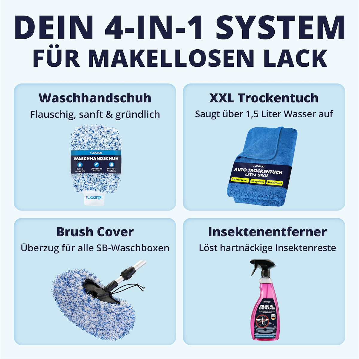 Kompromissloses System=>Dieses innovative Set macht die Lackpflege zum Kinderspiel. Löse hartnäckigen Schmutz mit dem Insektenentferner, wasche sanft mit Handschuh und Bürstenüberzug und trockne blitzschnell mit dem XXL Tuch – für ein Ergebnis wie vom Profi.